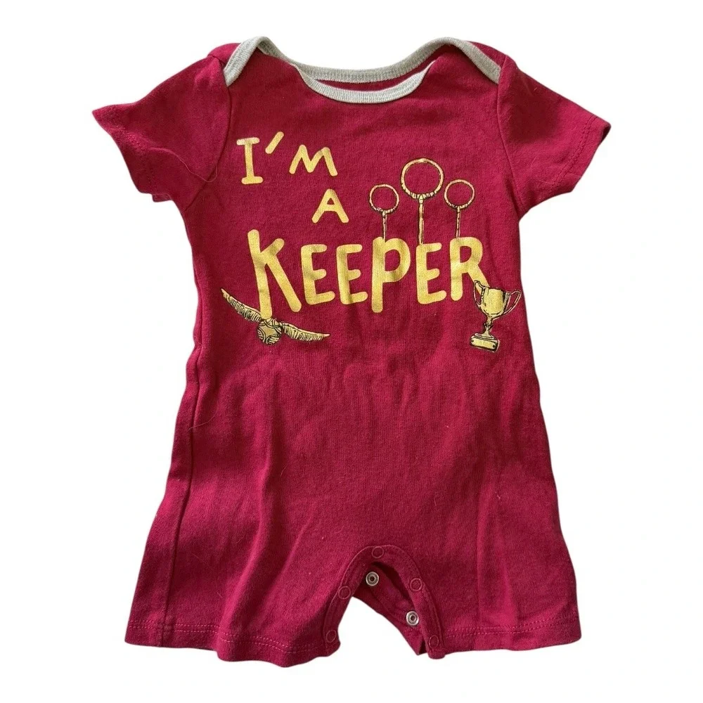 Harry Potter Romper Baby 12M I'm A Keeper Hedwig Grey Red 2pc Set Snaps summer‎